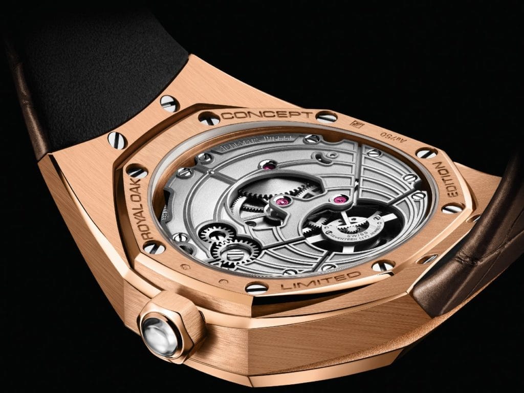 Audemars Piguet Royal Oak Concept Tourbillon Volant en Or Rose - Vue sur le mouvement.