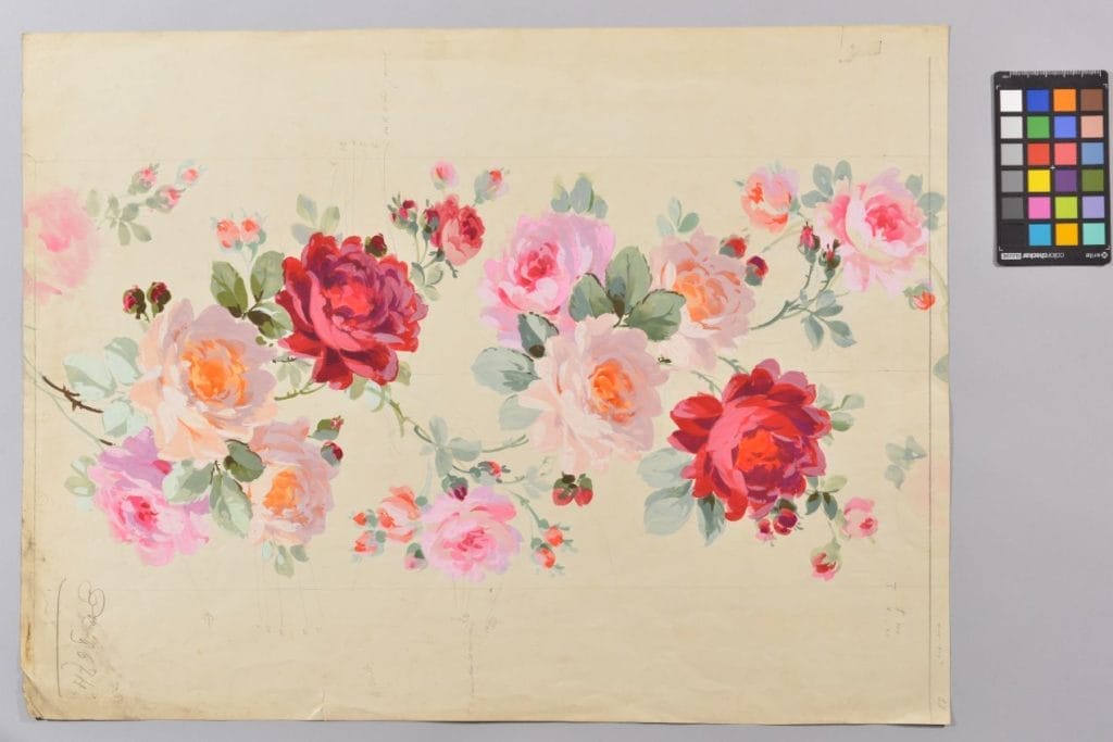 Esquisse pour ruban : guirlande de roses
Maison Troyet et Cie, Saint-Étienne, vers 1880-1914
Crédits : Inv : 2004.77.20, collection du musée d’Art et d’Industrie de Saint-Etienne